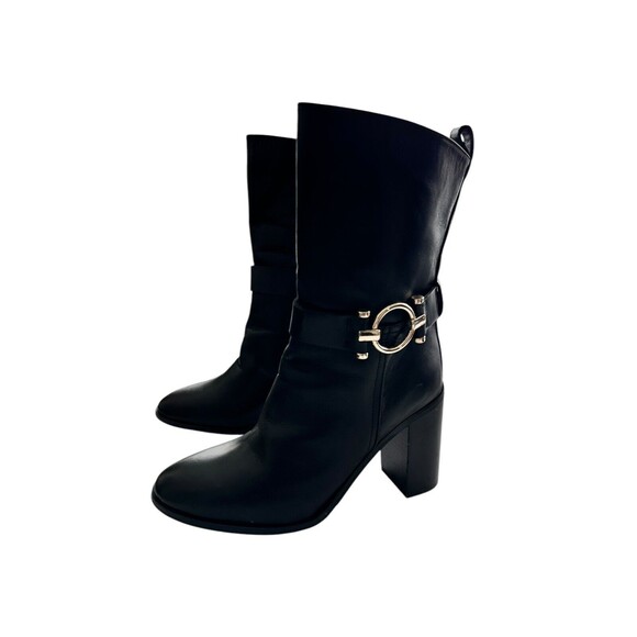 NAPOLEONI Italian Handcrafted block Mid Calf Leather  black Boots  Sz 39 US 8 - Picture 2 of 9